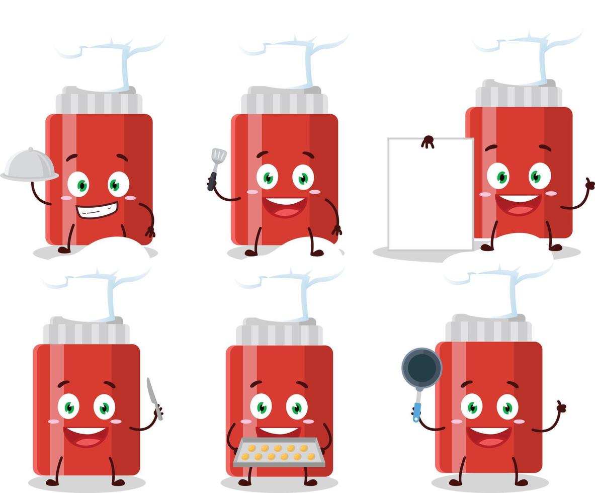 dibujos animados personaje de salsa botella con varios cocinero emoticones vector