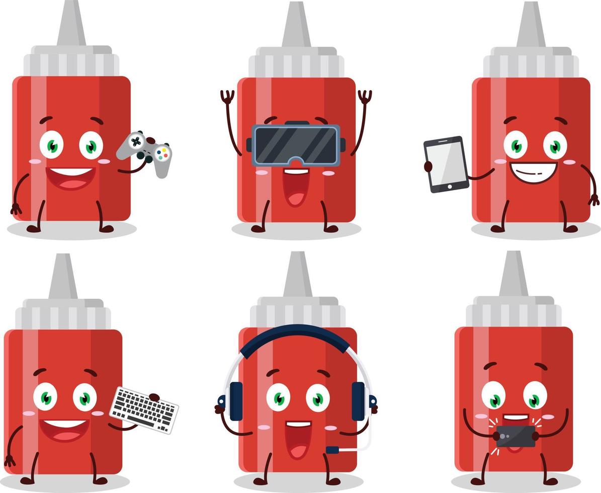 Sauce bottle cartoon character are playing games with various cute emoticons vector