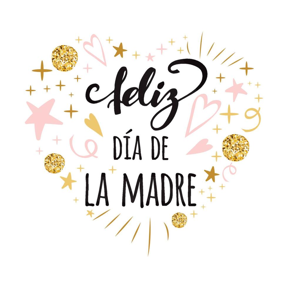 Mother Day vector greeting card. Romantic banner with ornament in pink gold colors on white background. Lettering title in Spanish. Calligraphy phrase for invitation print sign Vector illustration