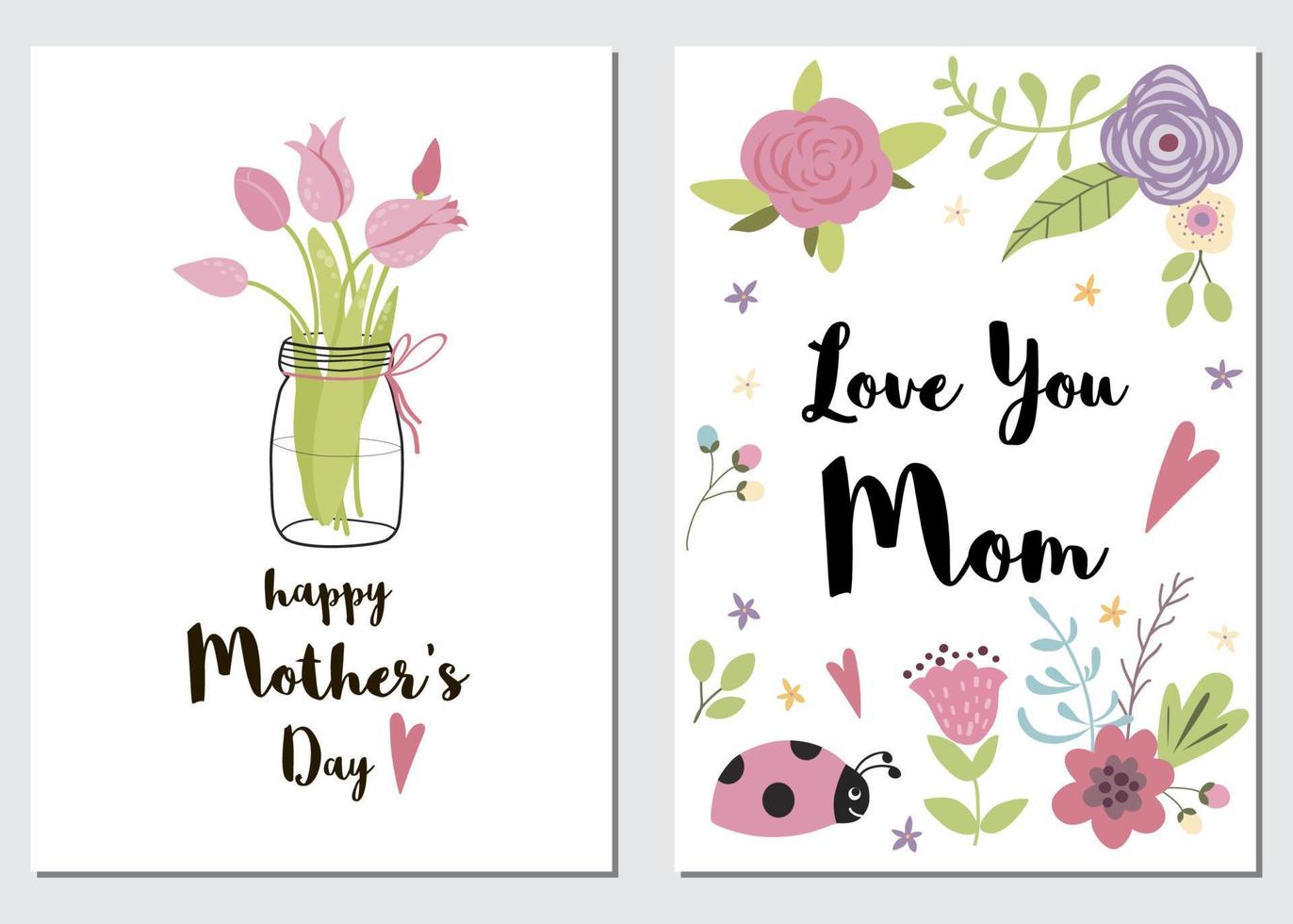 Set of Mothers day cards Love you Mom. Hand drawn romantic vector illustration with tulips pink meadow flowers ladybug leaves and branches Cute collection of lovely symbols for Mom day Template.