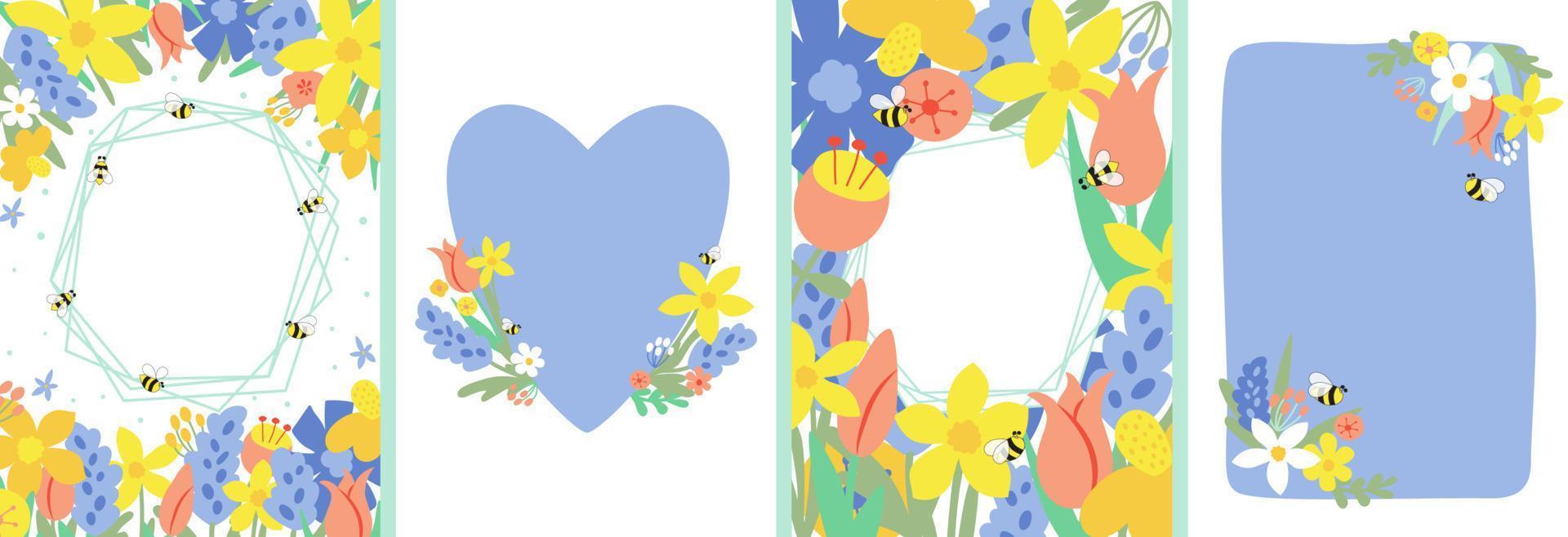 Floral spring posters set, wallpapers, frame, covers, cards. Spring flowers, honey bees, leaves, hand drawn floral bouquets, flower compositions. Mothers day cards Vector illustration collection.