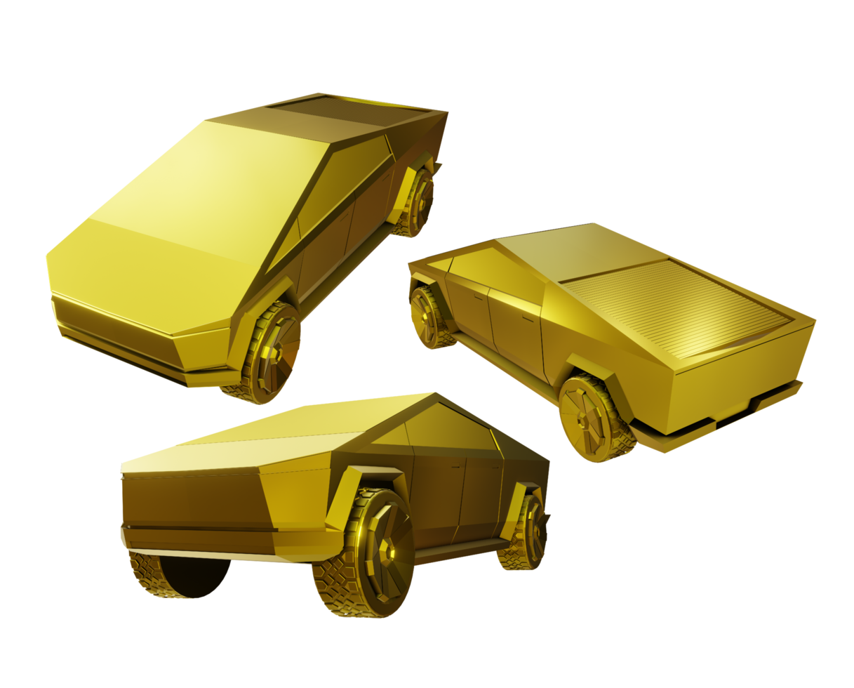 3d rendering of gold golden tesla cybertruck car perspective view png