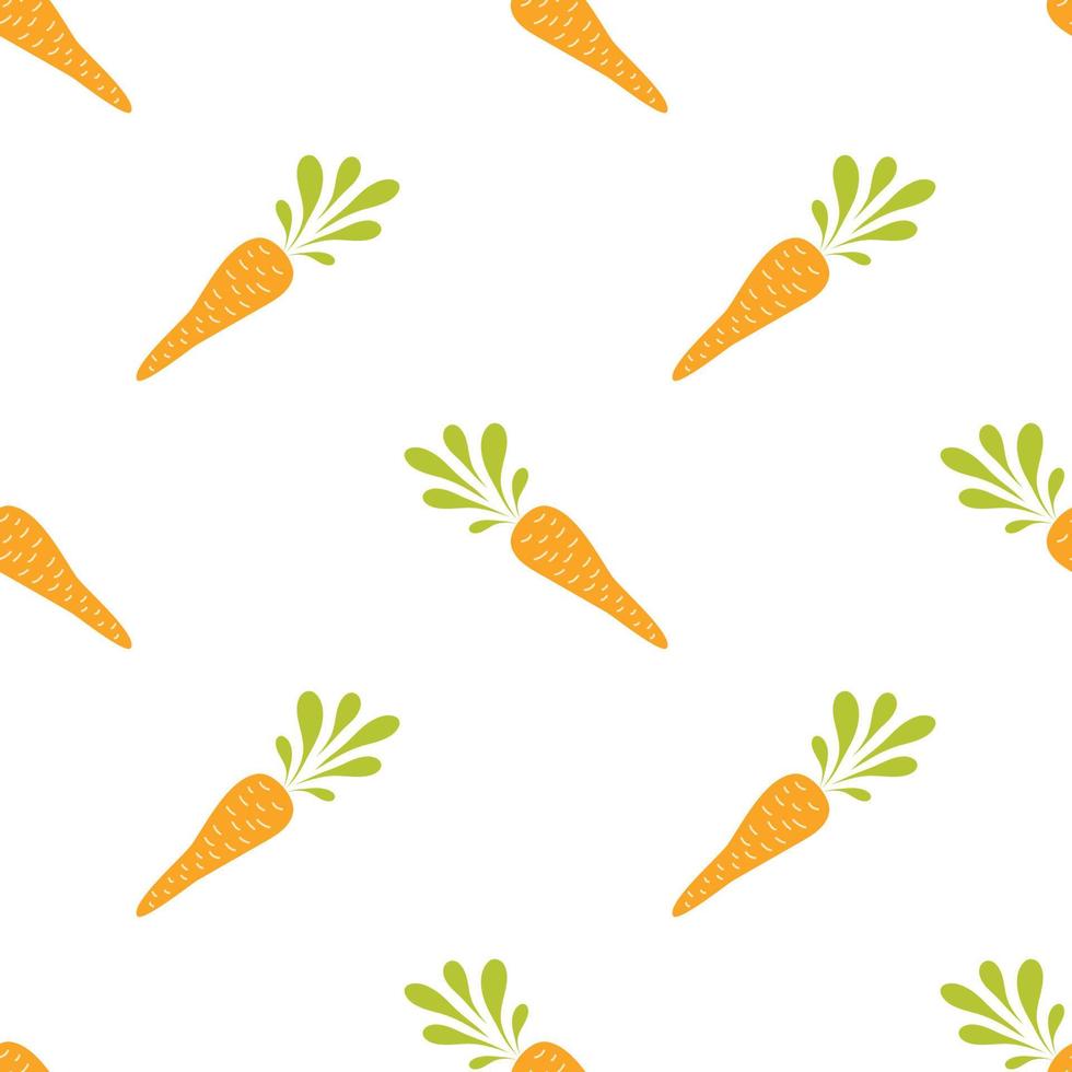 Cute carrot seamless pattern. Hand drawn vegetables texture for kitchen wallpaper, textile, fabric, paper. Food background. Flat carrot design on white. Vegan, farm, natural. Vector illustration.