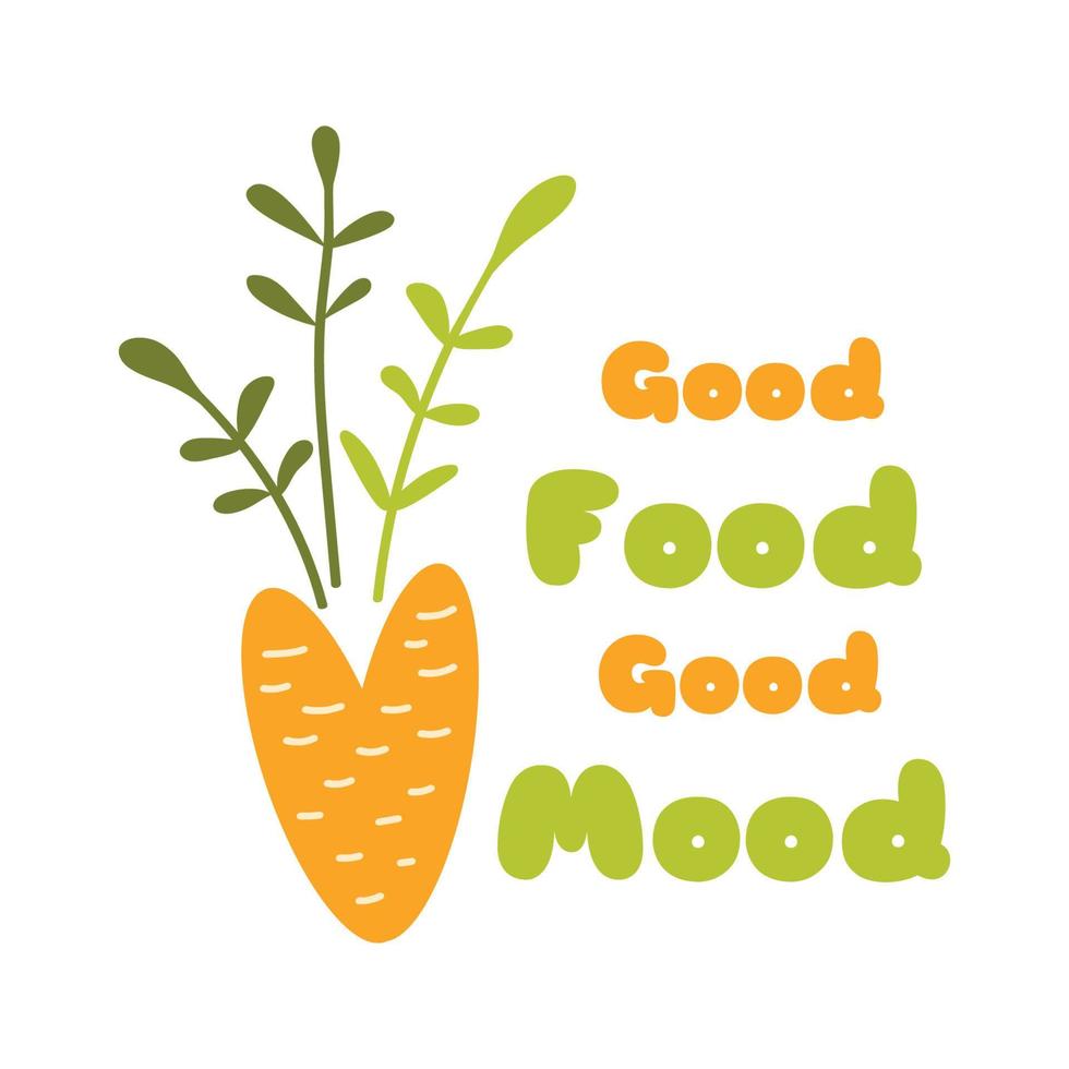 Green food green mood. Creative vegan phrase decorated cute doodle carrot. Hand drawn vegetables print with text Carrot design on white. Vegan, farm, natural. Vector illustration.