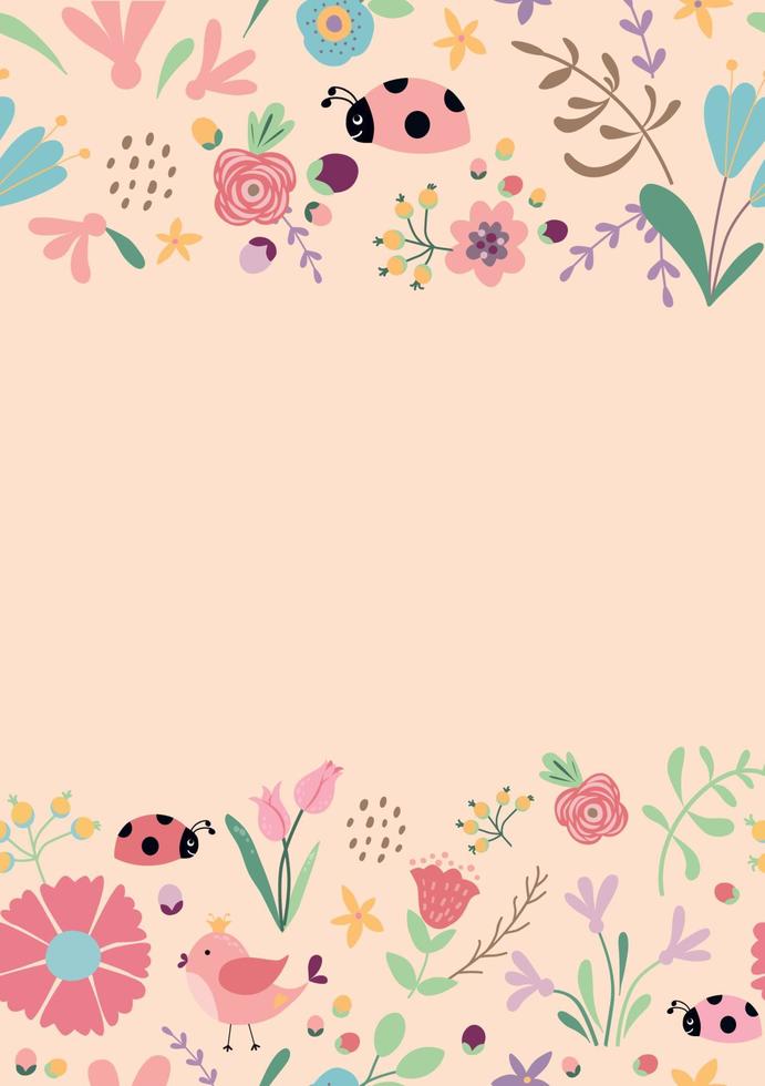 Spring floral banner frame. Hand drawn pink flowers. Spring template, tulips, insect. Vector illustration. Cute pink spring, summer nature background, cards.