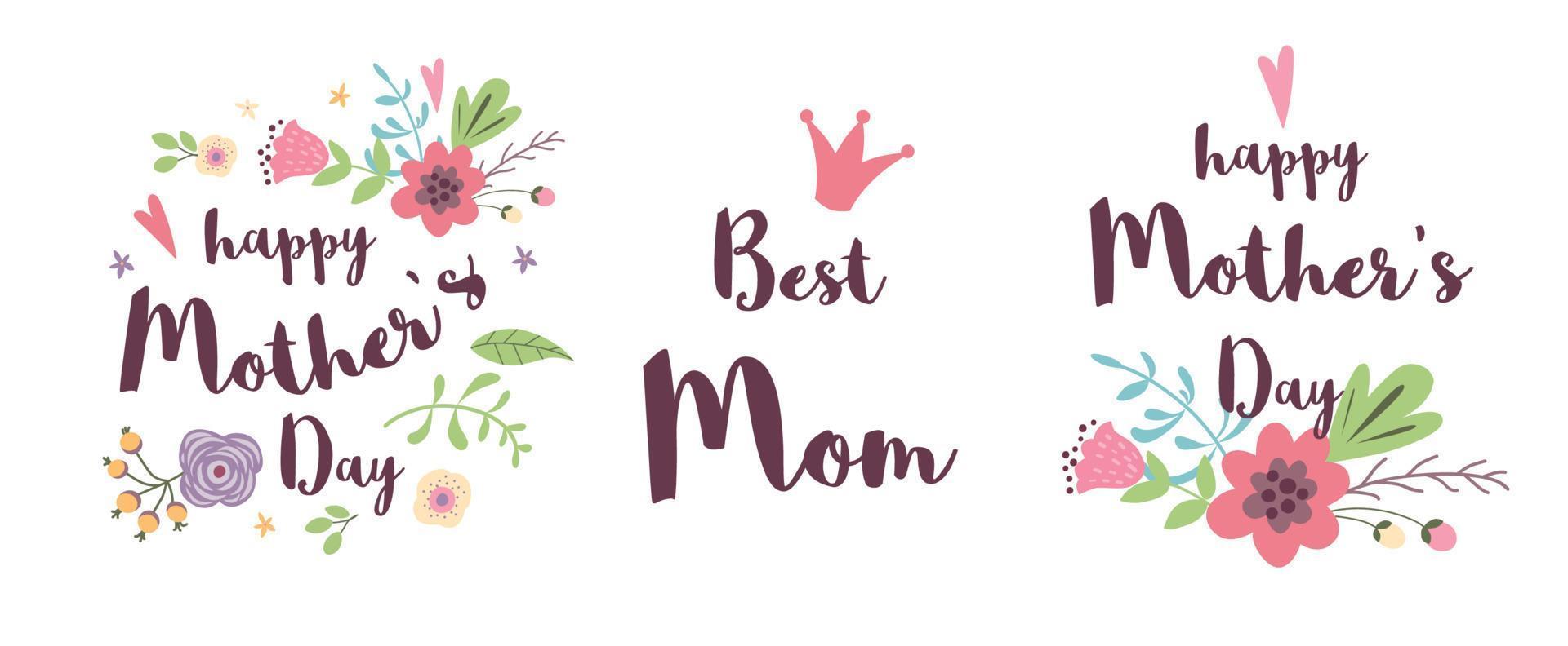 Happy Mothers Day greeting card collection. Typography quote decorated hand drawn green leaves cute flowers pink colors. Vector illustration. Poster banner print logo symbol badge label for mom.