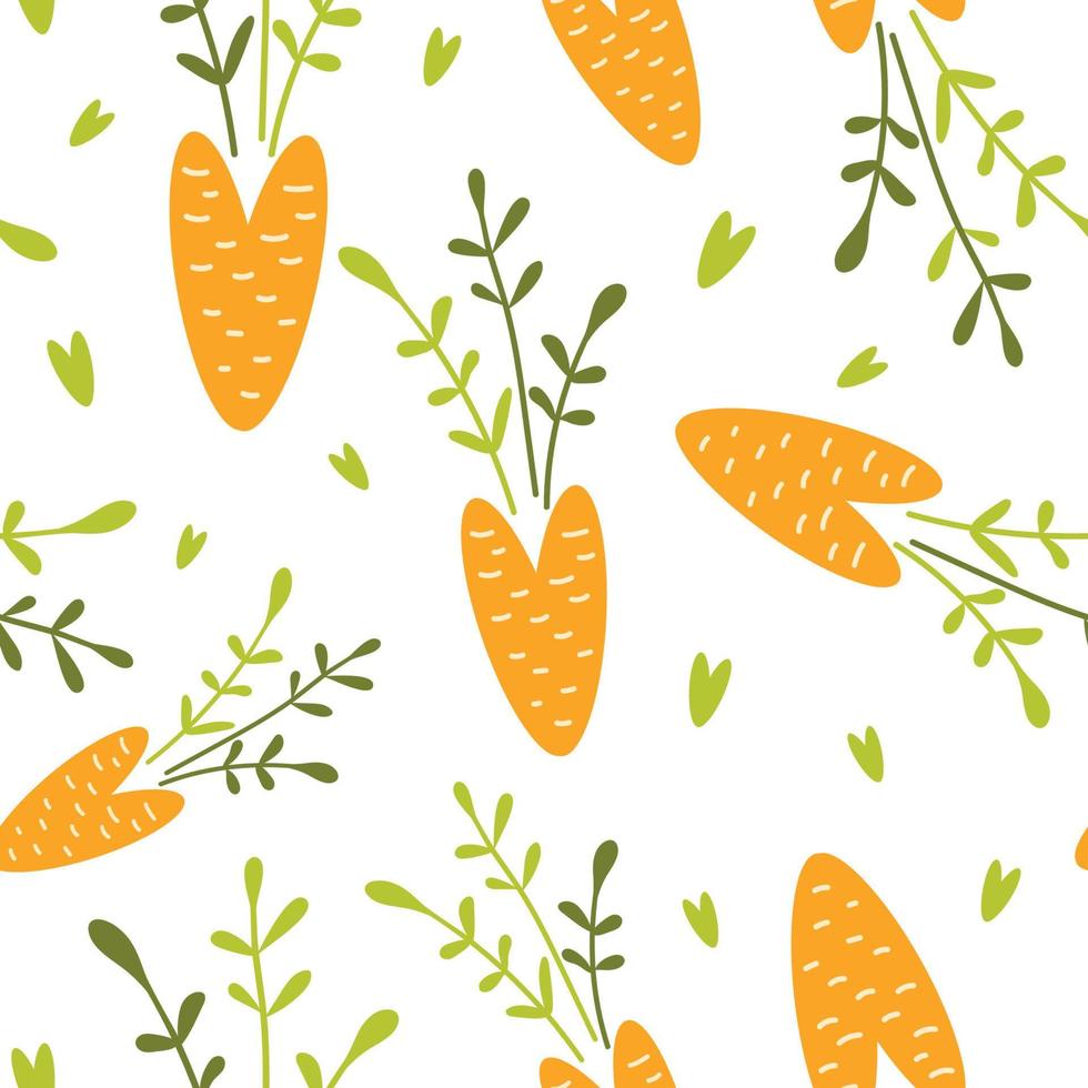 Cute carrot seamless pattern. Hand drawn vegetables texture for kitchen wallpaper, textile, fabric, paper. Food background. Flat carrot design on white. Vegan, farm organic. Vector illustration.