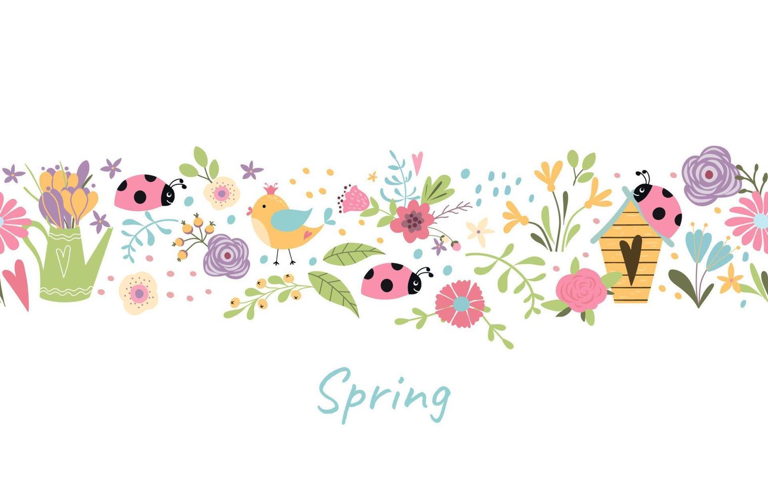 Spring border. Spring seamless flower border with colorful daisies, bird, insect, ladybug birdhouse. Repeated floral border, repeated pattern Summer cute illustration. Cartoon nature graphic element vector