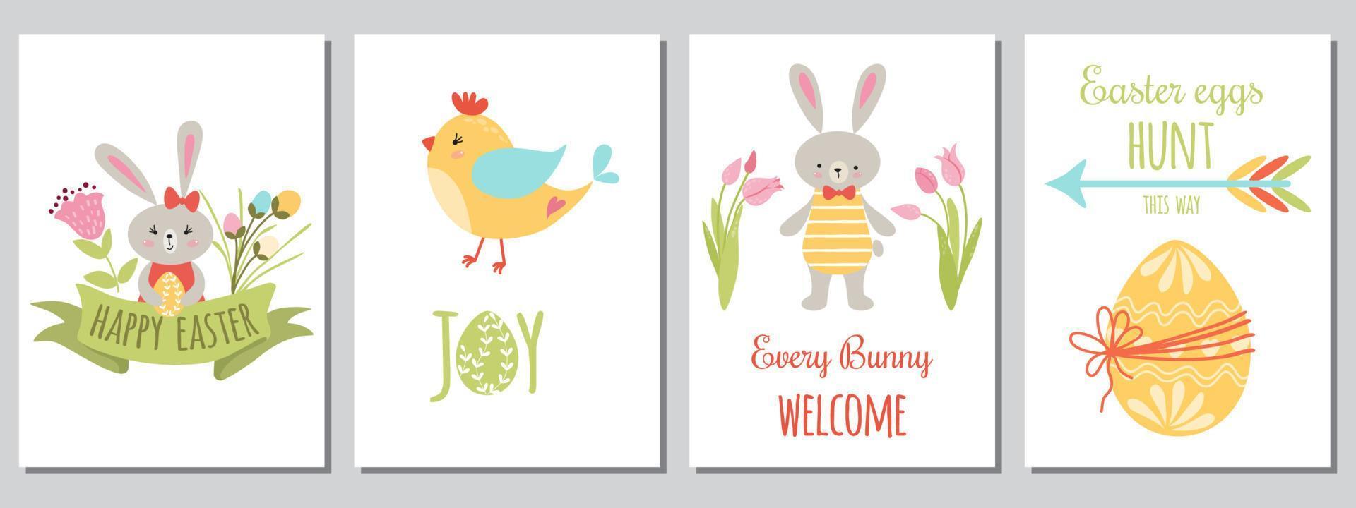 Easter set Card collection of Happy Easter elements Cute animals character Rabbit eggs chicken quotes typographic design. Spring flowers. Easter eggs hunt. Vector illustration. Cartoon style.