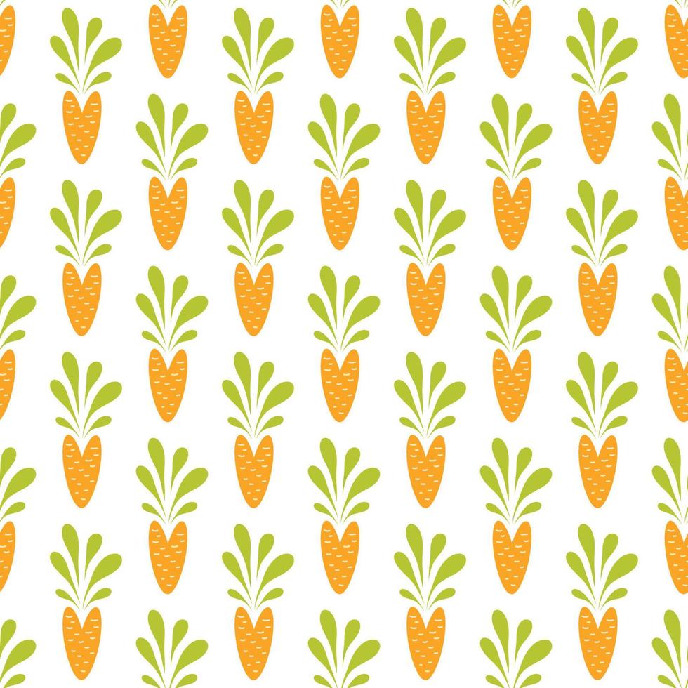 Cute carrot seamless pattern. Hand drawn vegetables texture for kitchen wallpaper, textile, fabric, paper. Food background. Flat carrot design on white. Vegan, farm, natural. Vector illustration.
