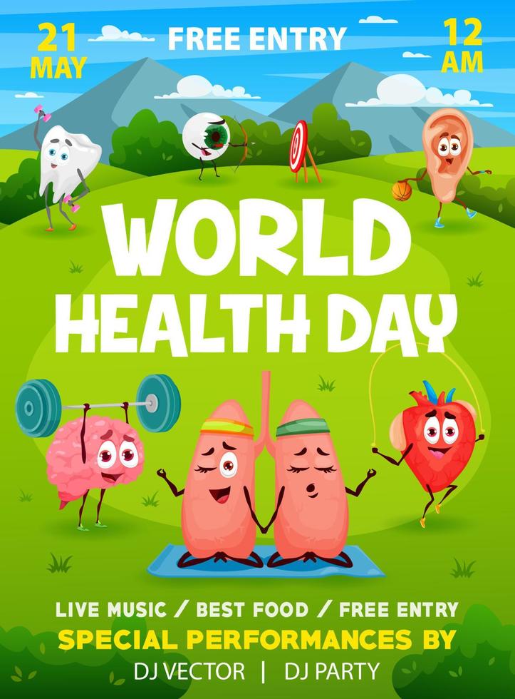 World health day flyer, cartoon funny human organs vector