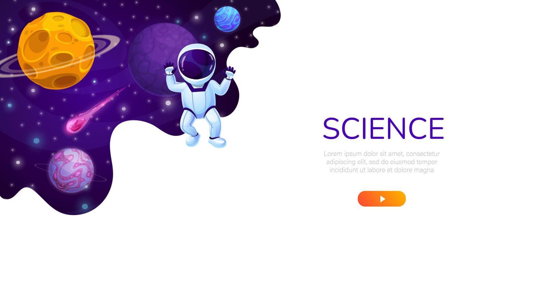 Landing page, cartoon space planets and astronaut vector