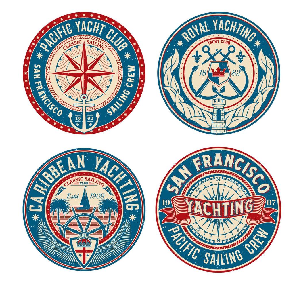 Yacht club retro patches, marine regatta badges vector