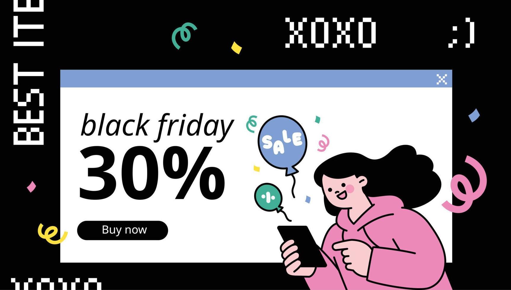 Black Friday event web page concept template. A girl is shopping for sale merchandise on her mobile. vector