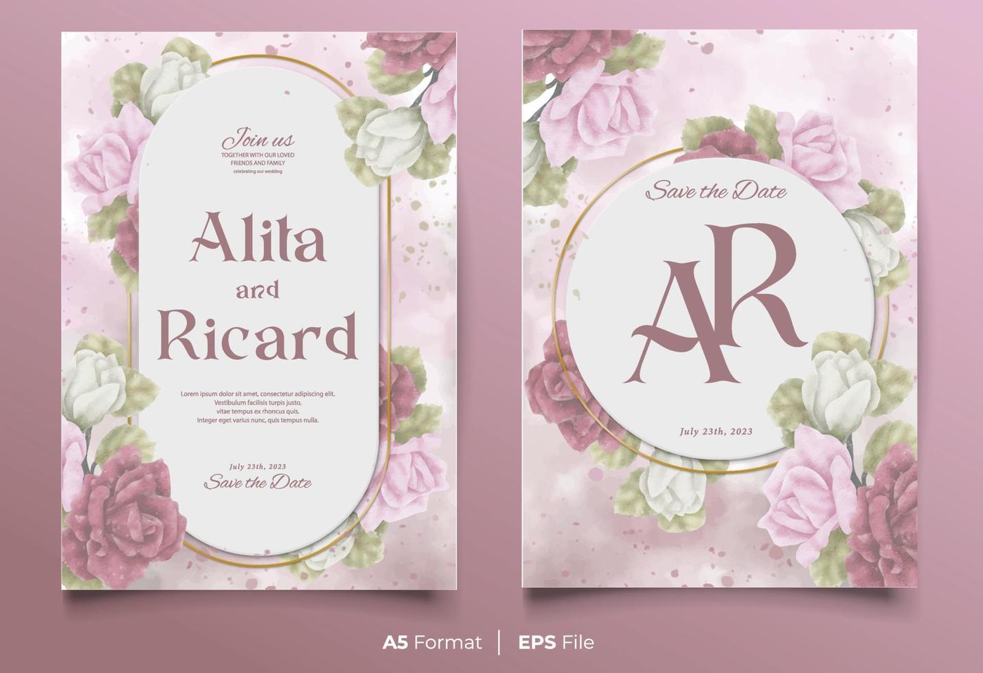 plantilla de invitación de boda de acuarela con adorno de flores de colores vector