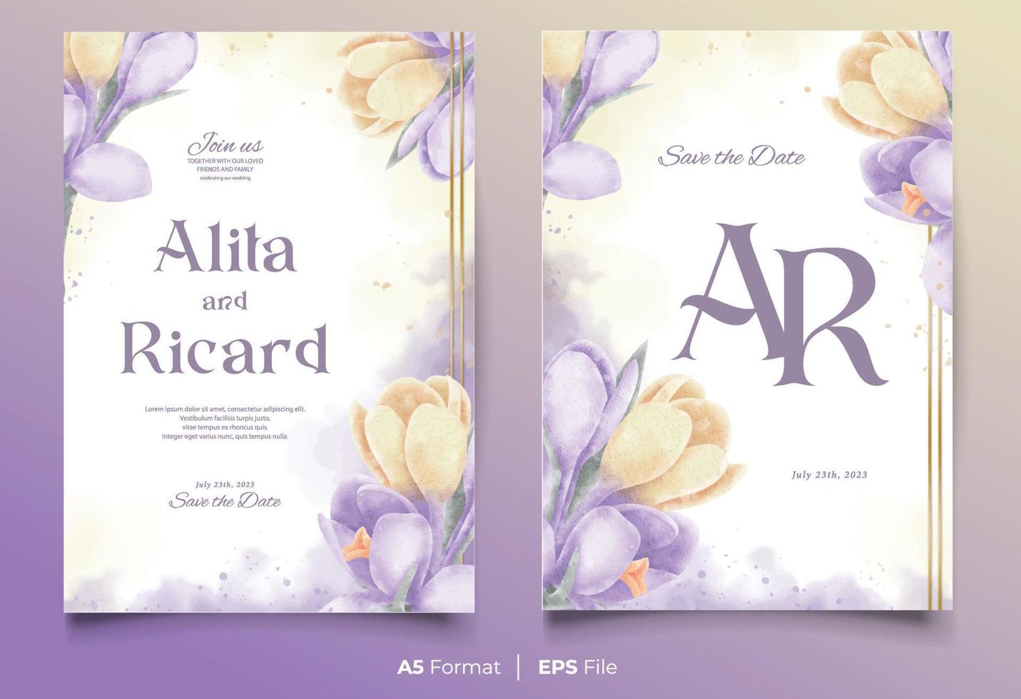 plantilla de invitación de boda de acuarela con adorno de flores amarillas y moradas vector