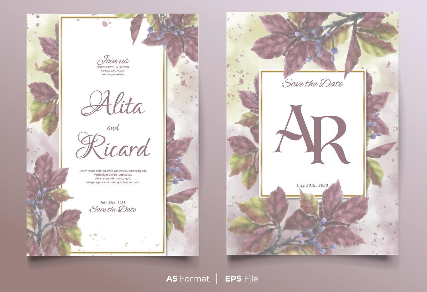 watercolor wedding invitation card template with red and yellow flower ornament vector