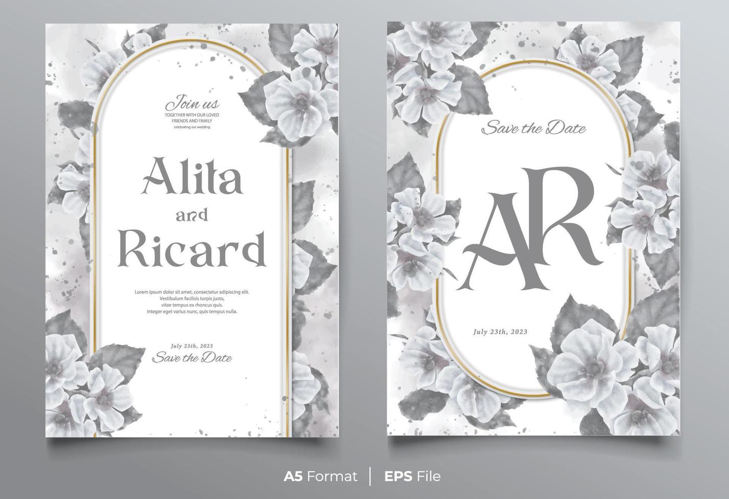 plantilla de invitación de boda de acuarela con adorno de flor blanca vector