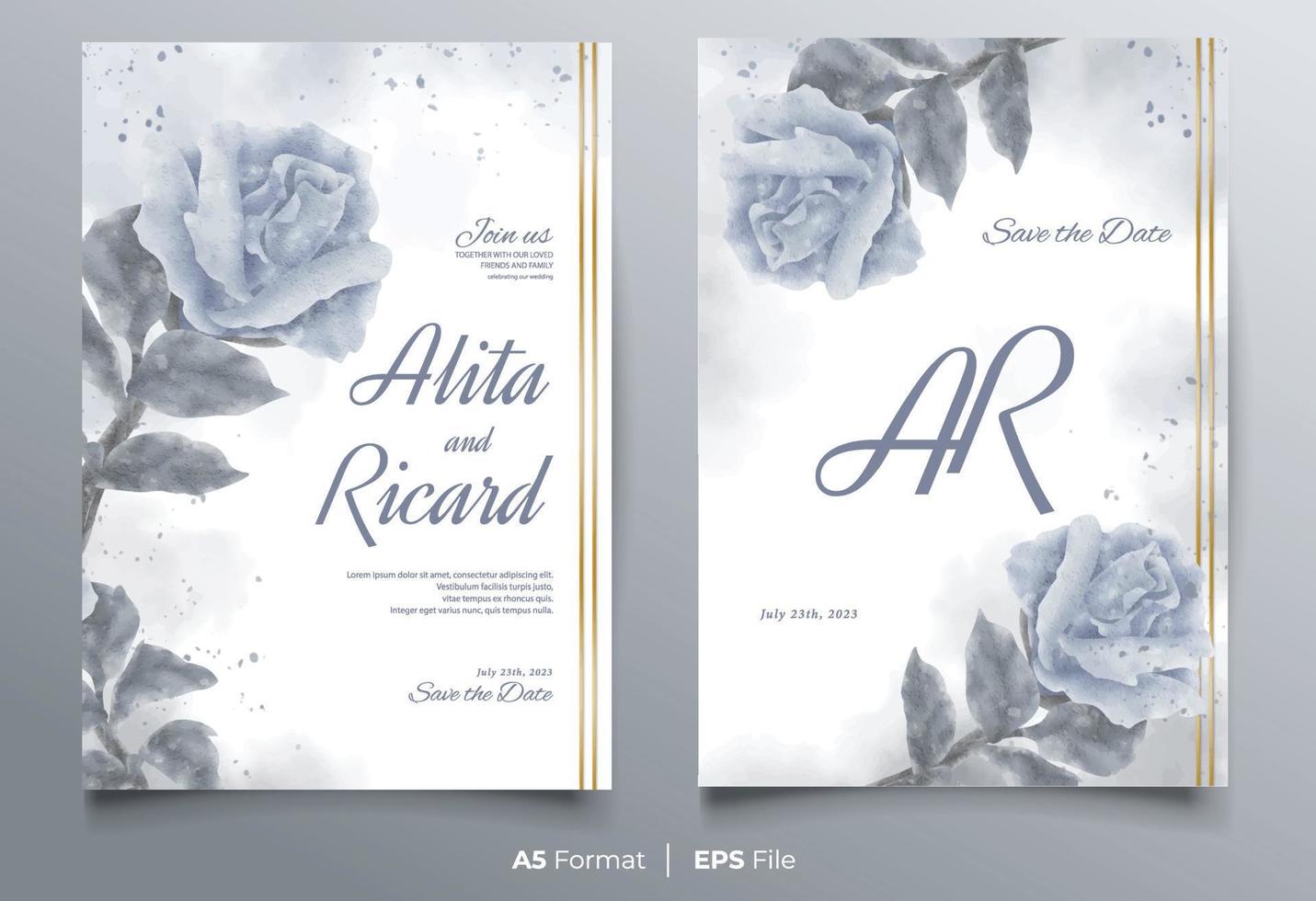 watercolor wedding invitation card template with blue flower ornament vector