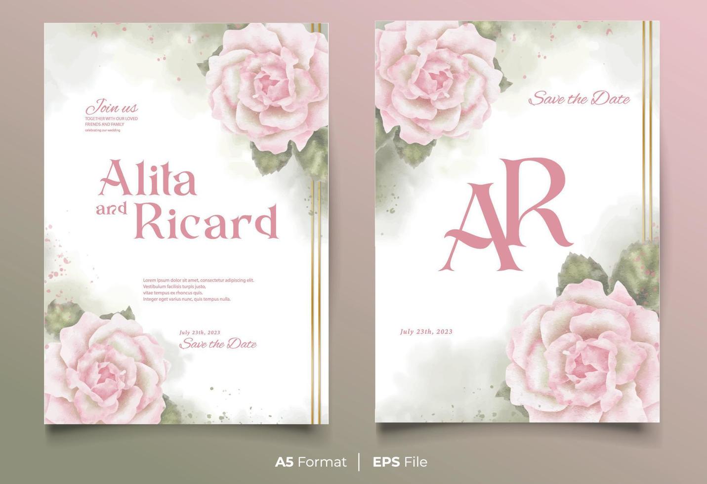 watercolor wedding invitation card template with pink and green flower ornament vector