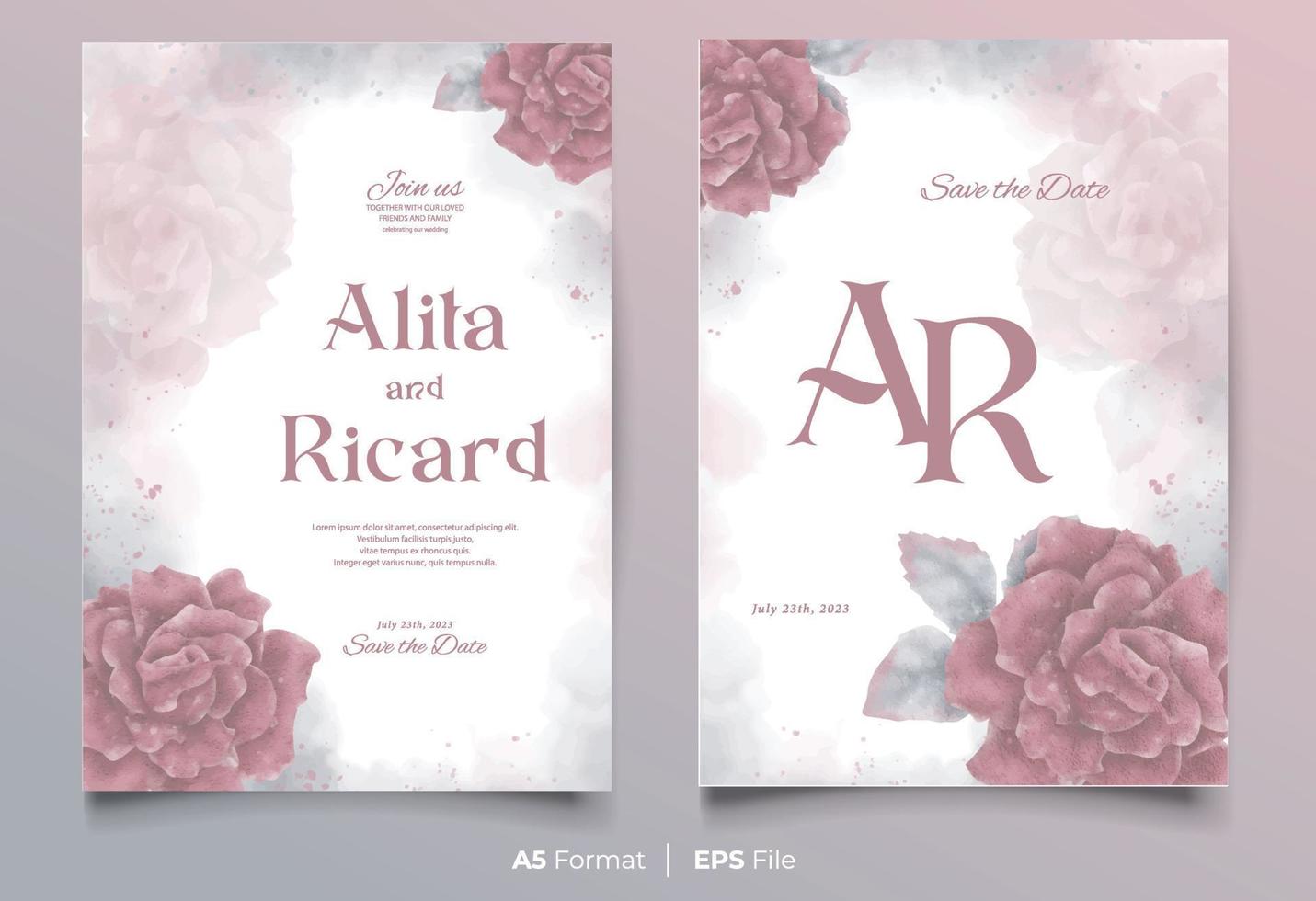 watercolor wedding invitation template with red flower ornament vector