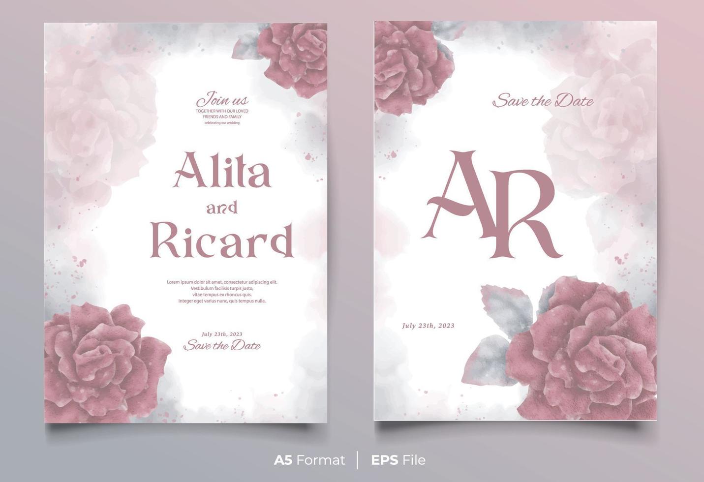 plantilla de invitación de boda de acuarela con adorno de flor roja vector