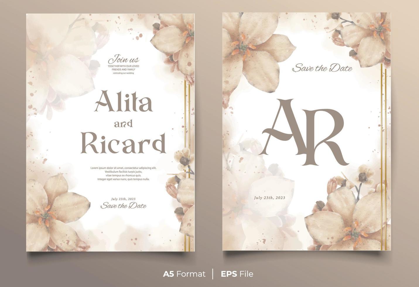 watercolor wedding invitation template with brown flower ornament vector