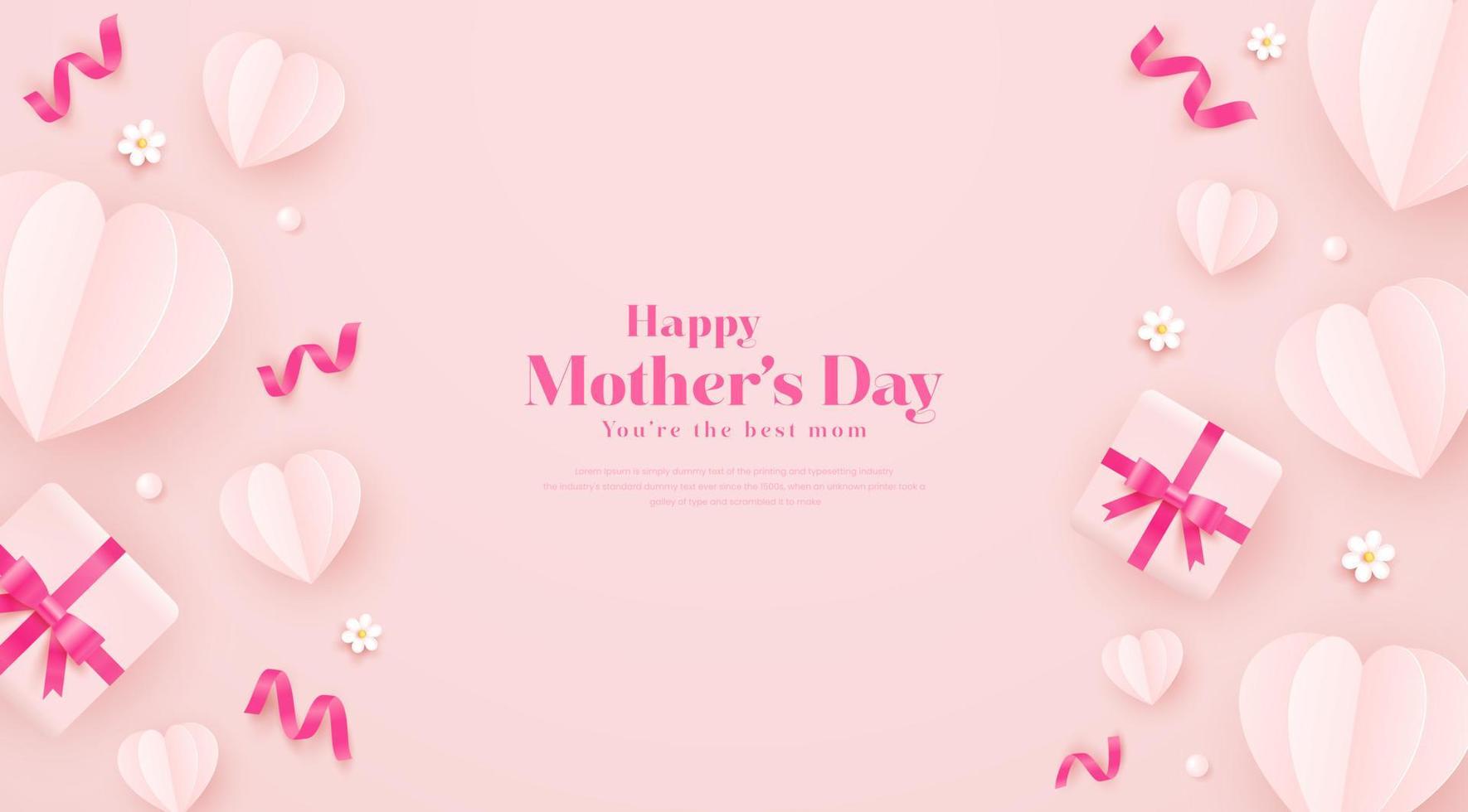 mother's day illustration in paper style with confetti, gift box, and flower vector