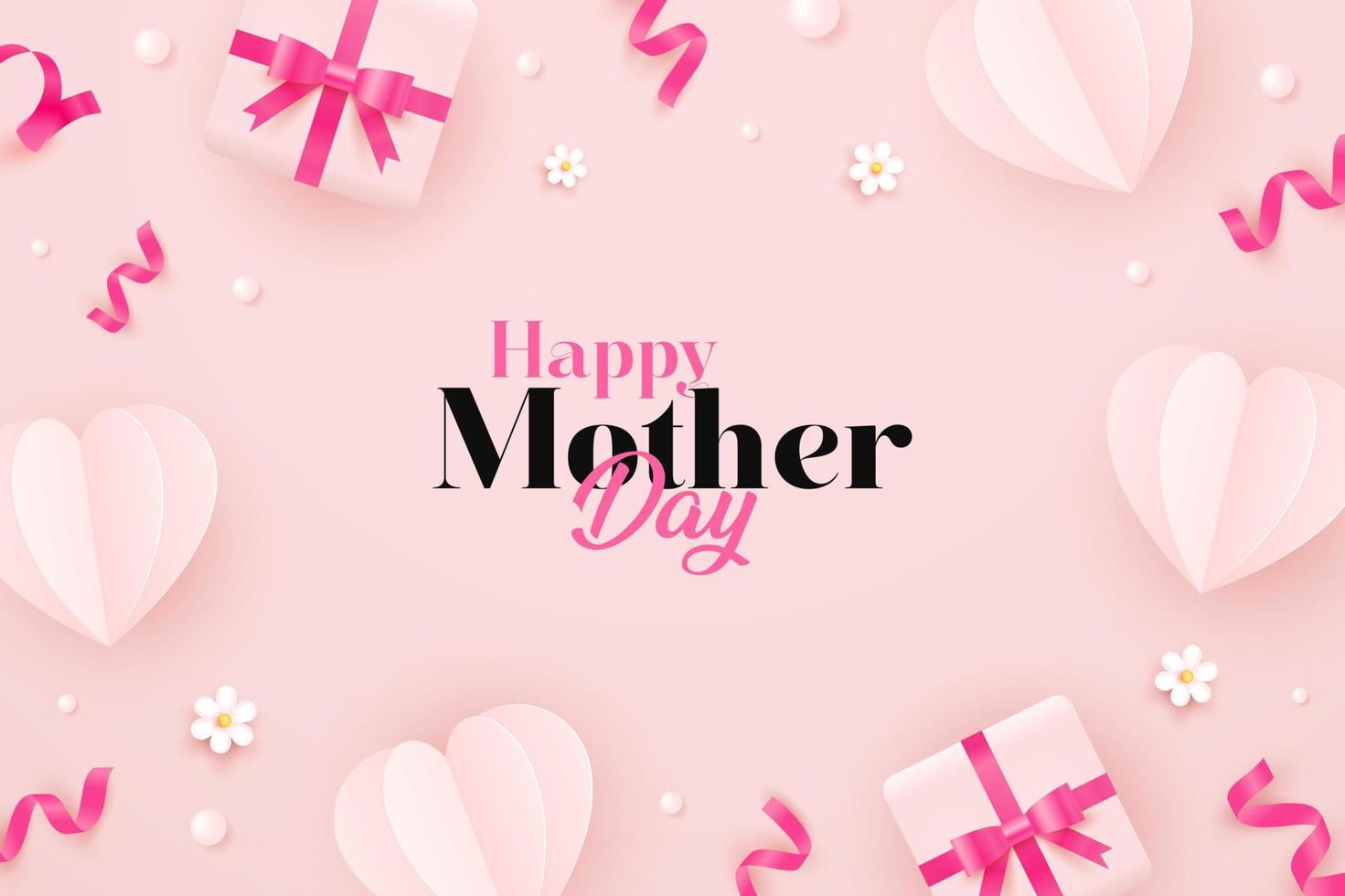 mother's day illustration in paper style with confetti, gift box, and flower vector