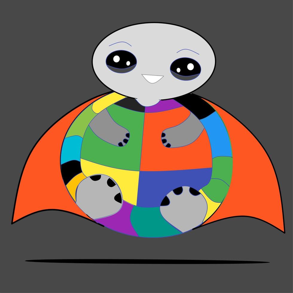 an illustration of a cartoon flying turtle with colorful dark background vector