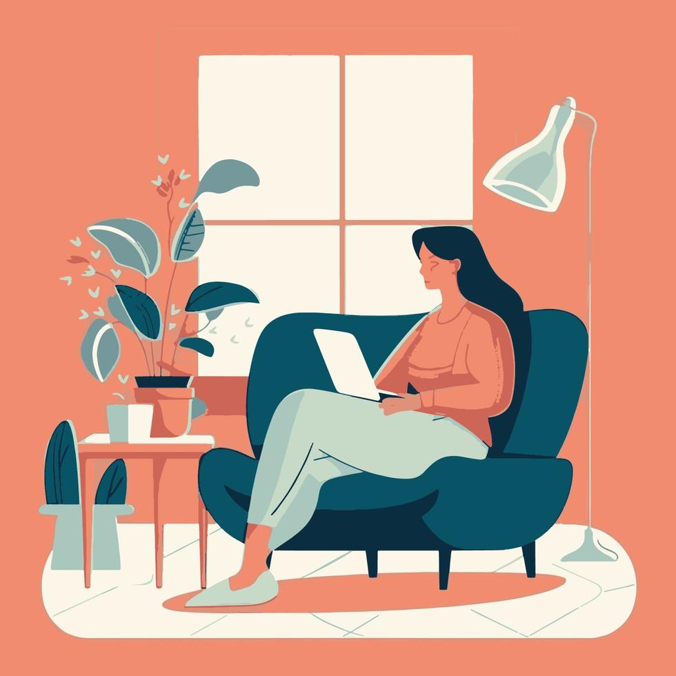 Woman working at home. Home office concept. Vector Illustration