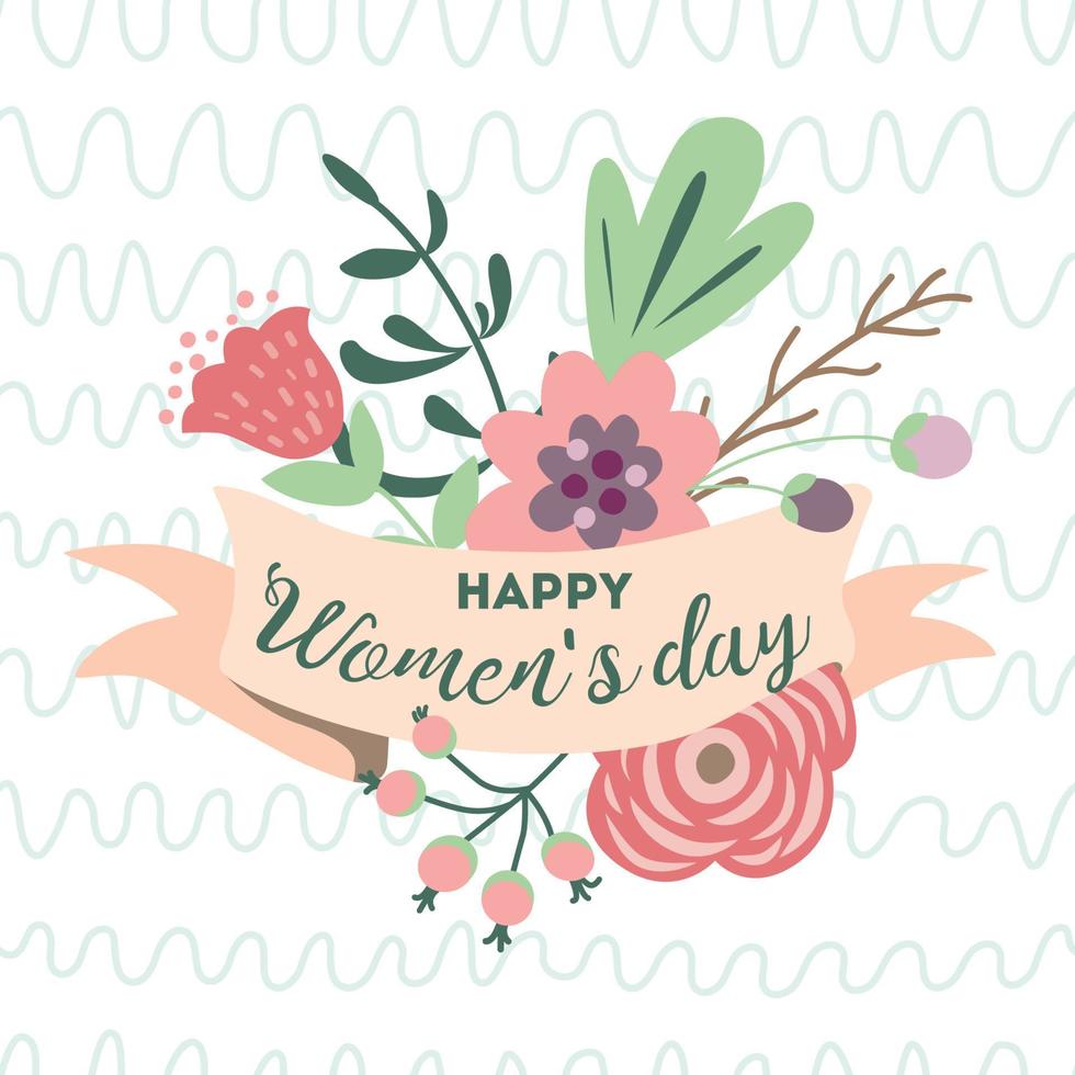 contento De las mujeres día romántico texto en pastel cintas decorado linda mano dibujado flores gráfico impresión retro estilo para contento madres día cumpleaños internacional día 8 marzo bandera vector ilustración.