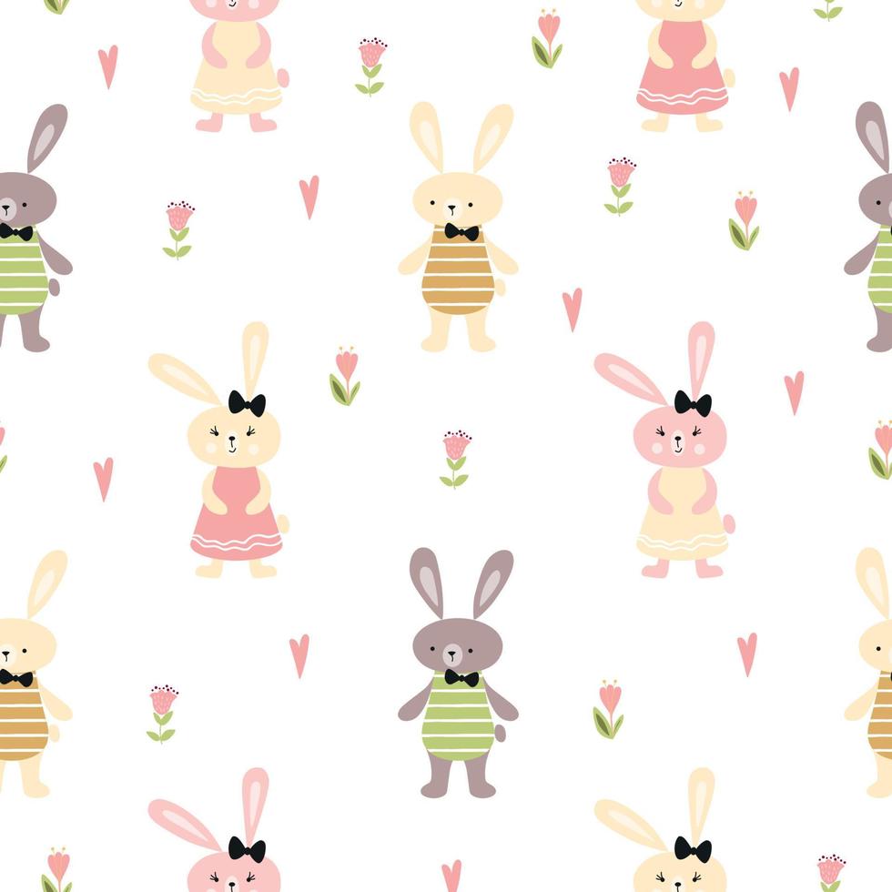 Rabbit seamlesspattern Hand drawn pattern with rabbits flowers hearts Kids cloth fabric design Doodle floral spring vector pattern with rabbits floral element on white Repeated vector illustration.