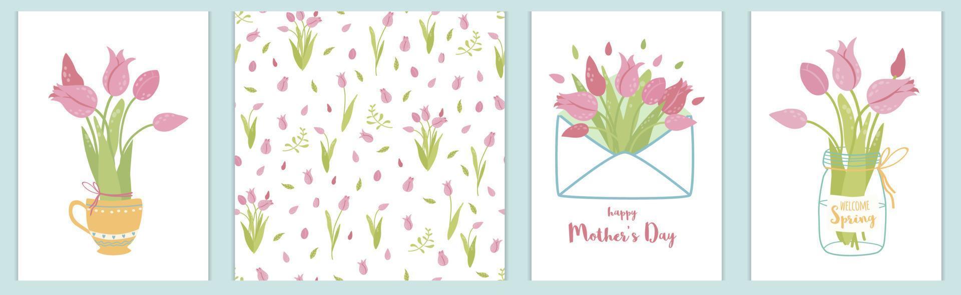 Spring set tulips Hand drawn collection flowers in cup, glass jar, envelope with pink tulips Gentle spring floral hand drawn pattern. Card poster cover invitation spring elements. Vector illustration.