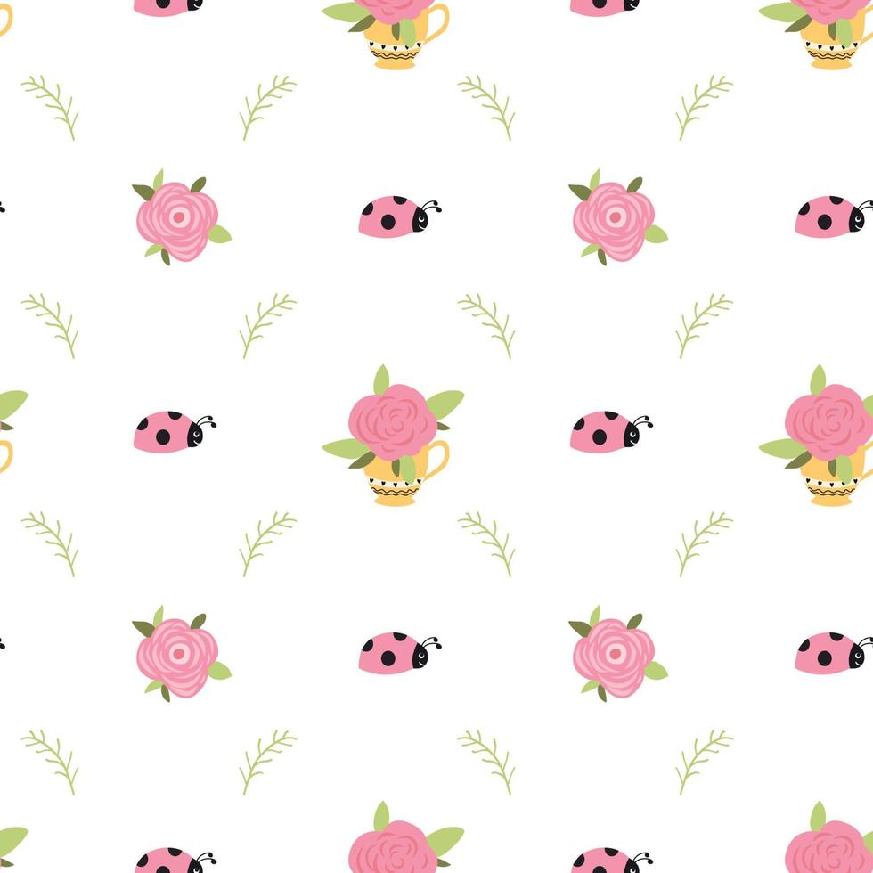 Rose seamless pattern. Cute floral doodle design Roses flowers leaves ladybug on spring white and pink background Gentle, spring texture. Hand drawn cartoon style. Gardening. Vector illustration.