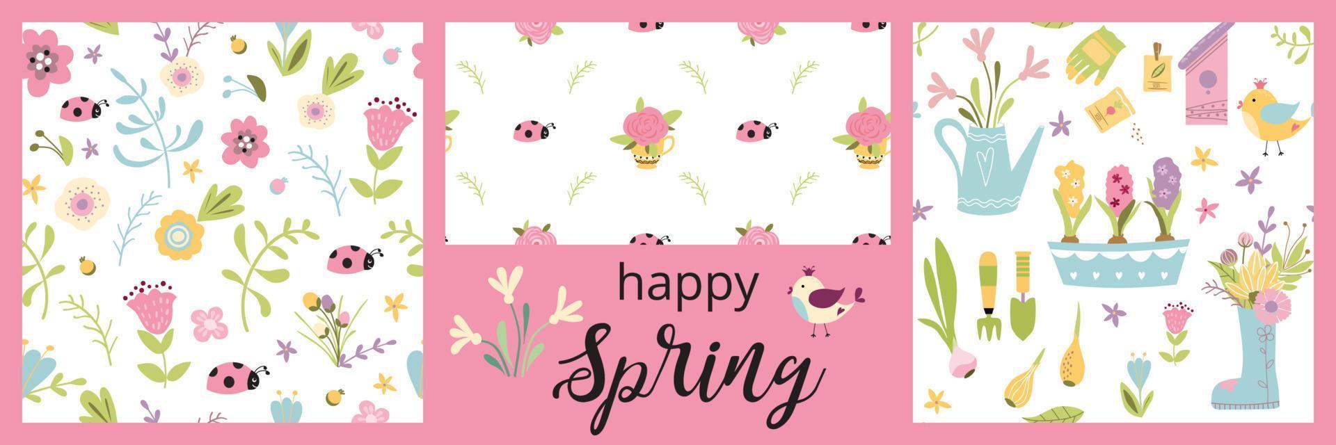 3 cute spring floral gardening seamless pattern set. Doodle flowers backround Cartoon natural design collection. Happy sprind text. Gardening elements. Pink colors. Vector illustration.