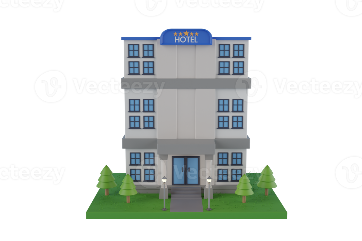 hotel building with neon sign and trees. Hotel on earth and lawn grass in real estate. 3d rendering png