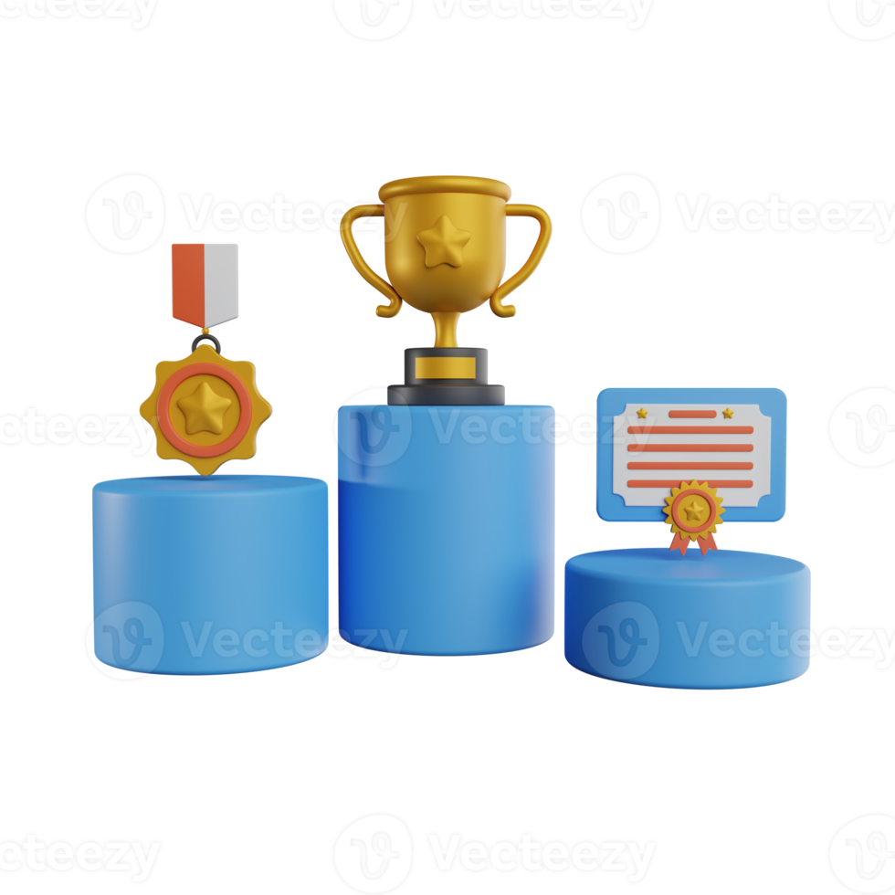 3d vincitori con d'oro tazza, oro vincitori stelle su podio background.winners podio con tazze. 3d premio cerimonia primo e secondo e terzo concetto su podio png