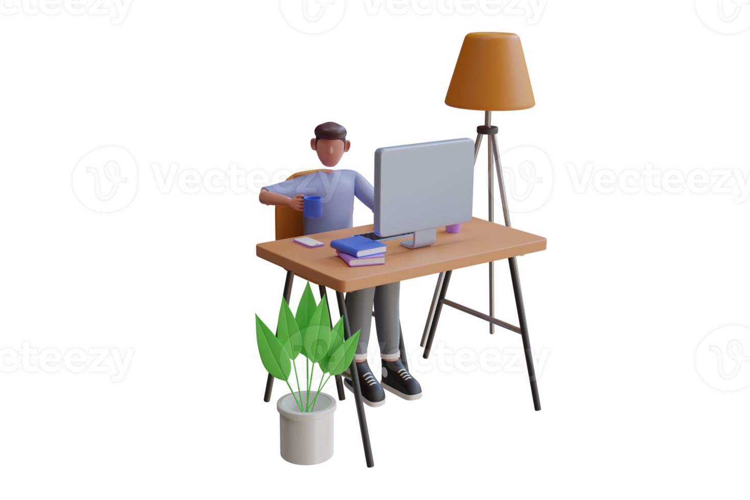 Mens zit Bij de tafel met een computer. jongen aan het studeren met computer. 3d renderen png