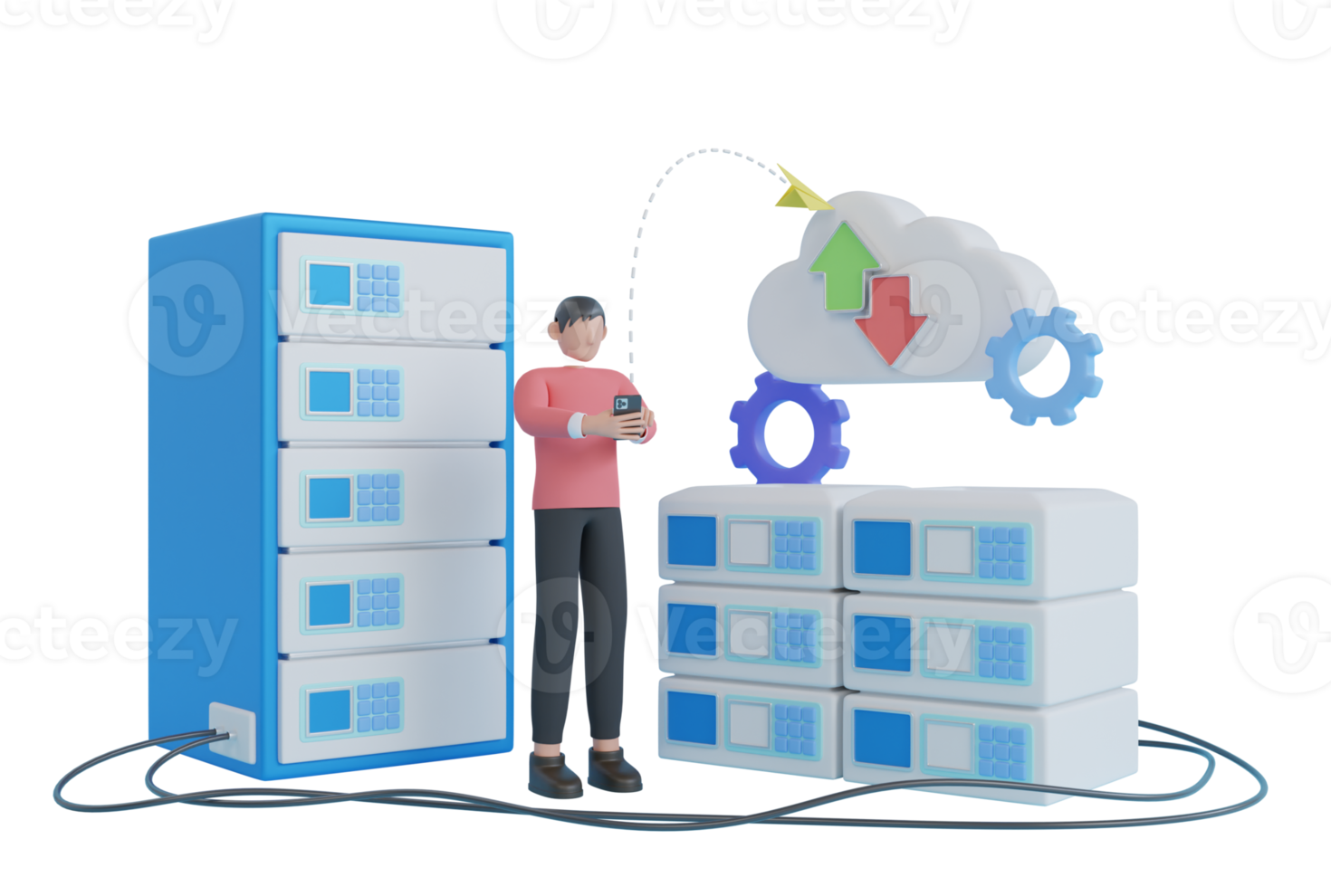 3d digital service eller app med data överföra. 3d servrar och datacenter förbindelse nätverk. uppkopplad datoranvändning teknologi. 3d tolkning png