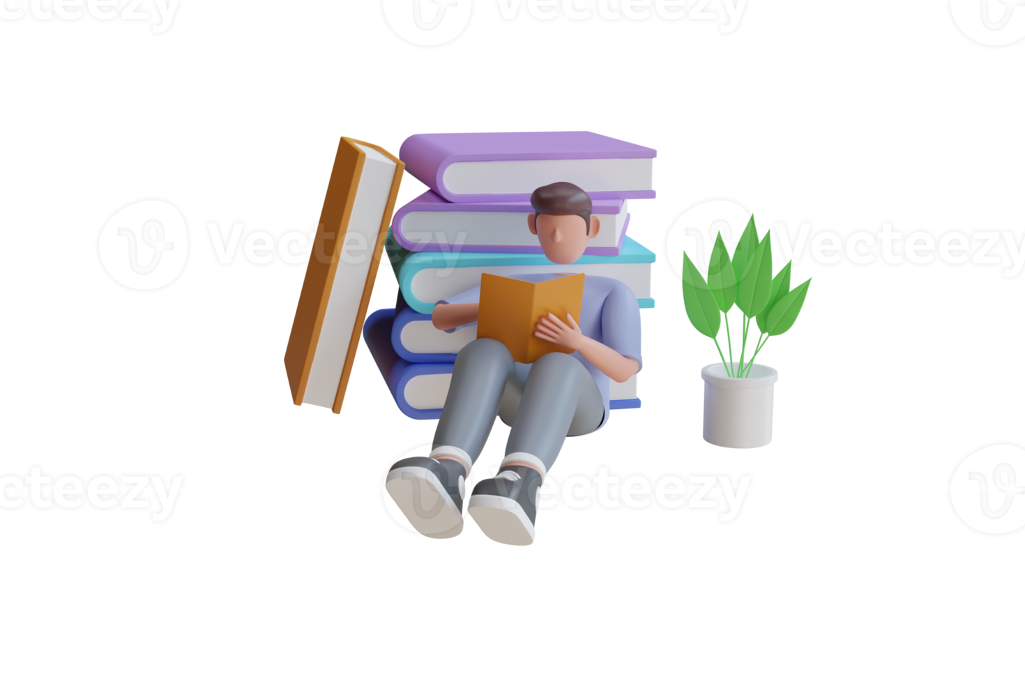 3D illustration of young man reading book in living room. reading a book, back to school. Online education concept. 3d rendering png