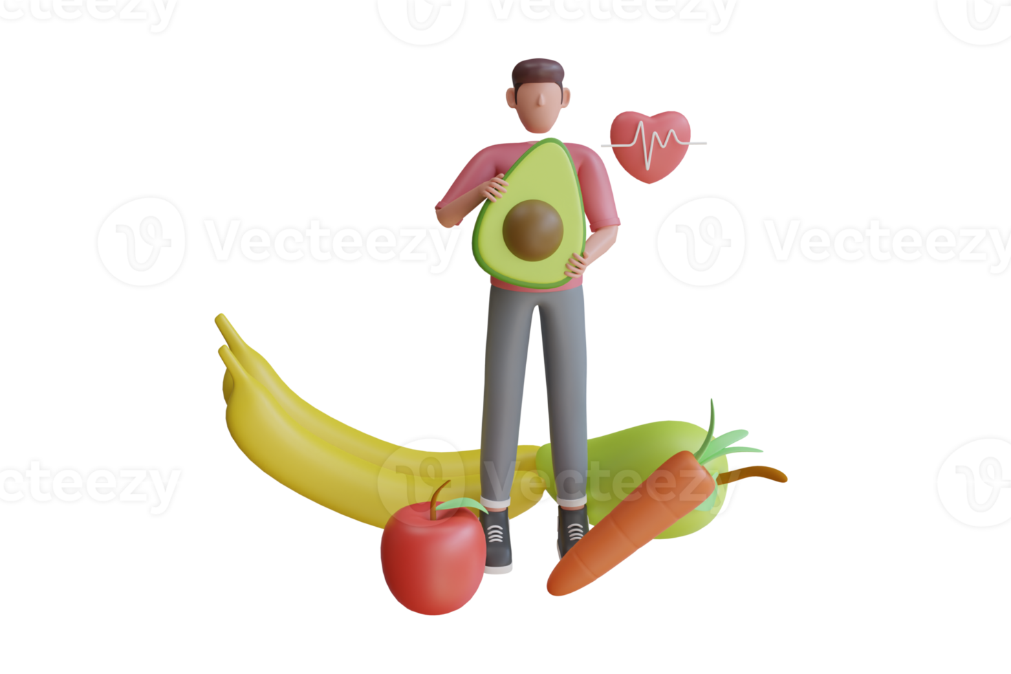3d sano comida concepto. frutas 3d Fruta dieta. palta, banana, zanahoria, mango, manzana. 3d representación png