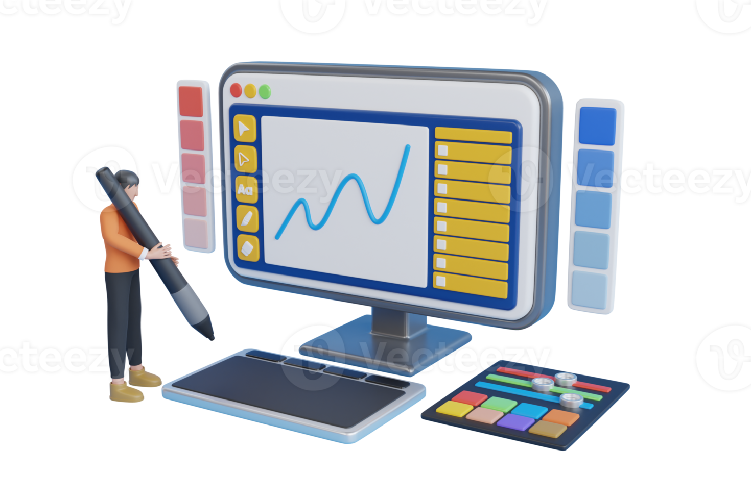 3d Digital designers drawing with pen on computer monitor. Man working with graphic editor. illustration for creative job . 3d rendering png