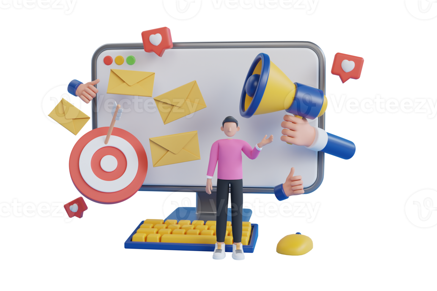 6.  3D Illustration of social media influencer. digital marketing strategy, promotional advertising campaign. promote business, entrepreneurship, personal brand strategy. 3d rendering png