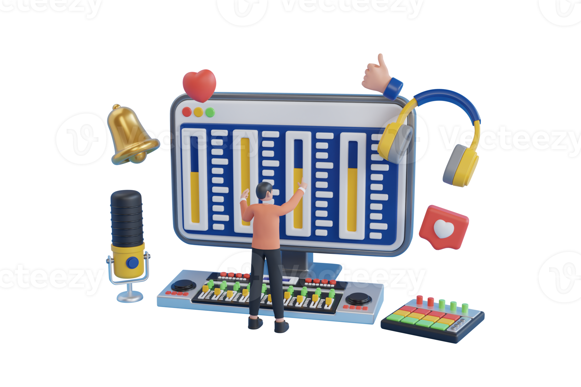 3d illustration of Sound designer on workplace. Sound designer creating