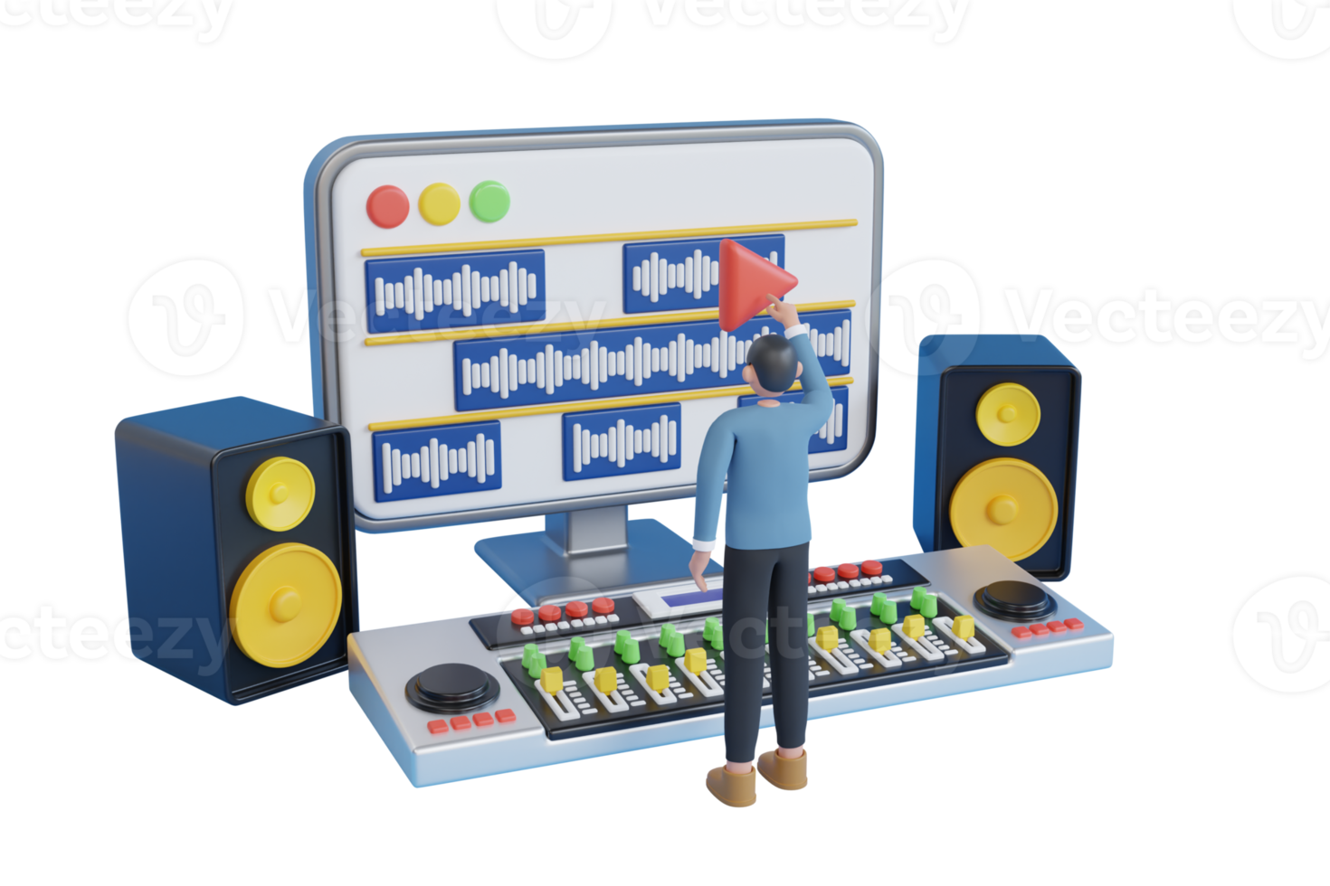 3d illustration of Sound designer on workplace. Sound designer creating