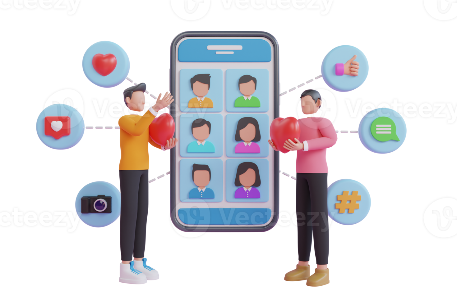 3d illustration of interaction between people through social networks. Social network user interface with new likes, comments, followers. 3d rendering png