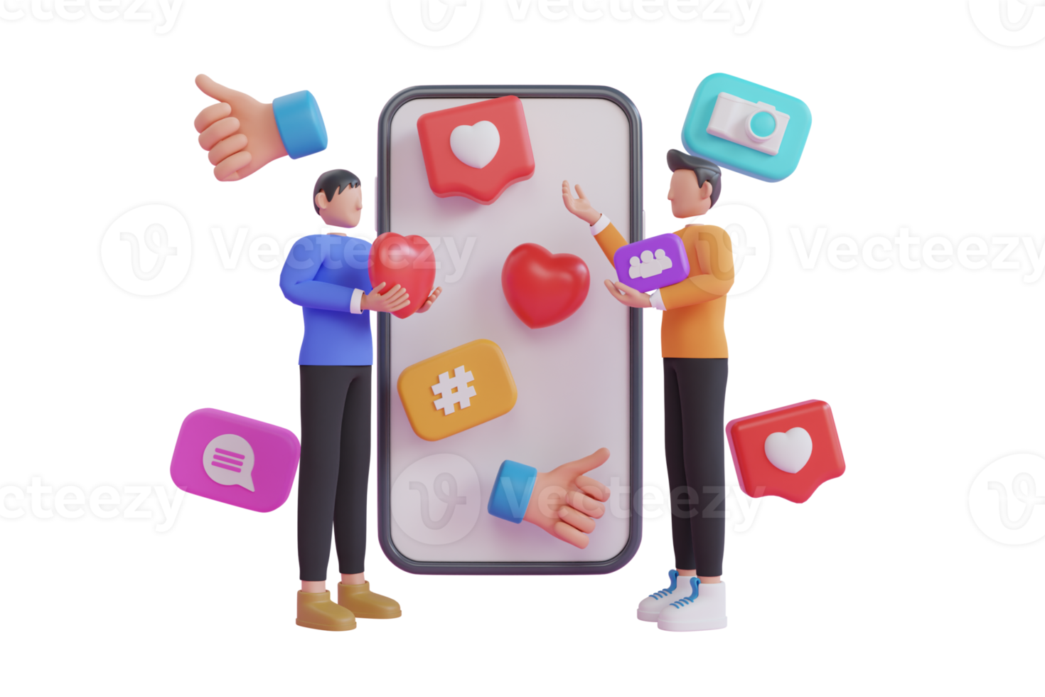 3d illustration of interaction between people through social networks. Social network user interface with new likes, comments, followers. 3d rendering png