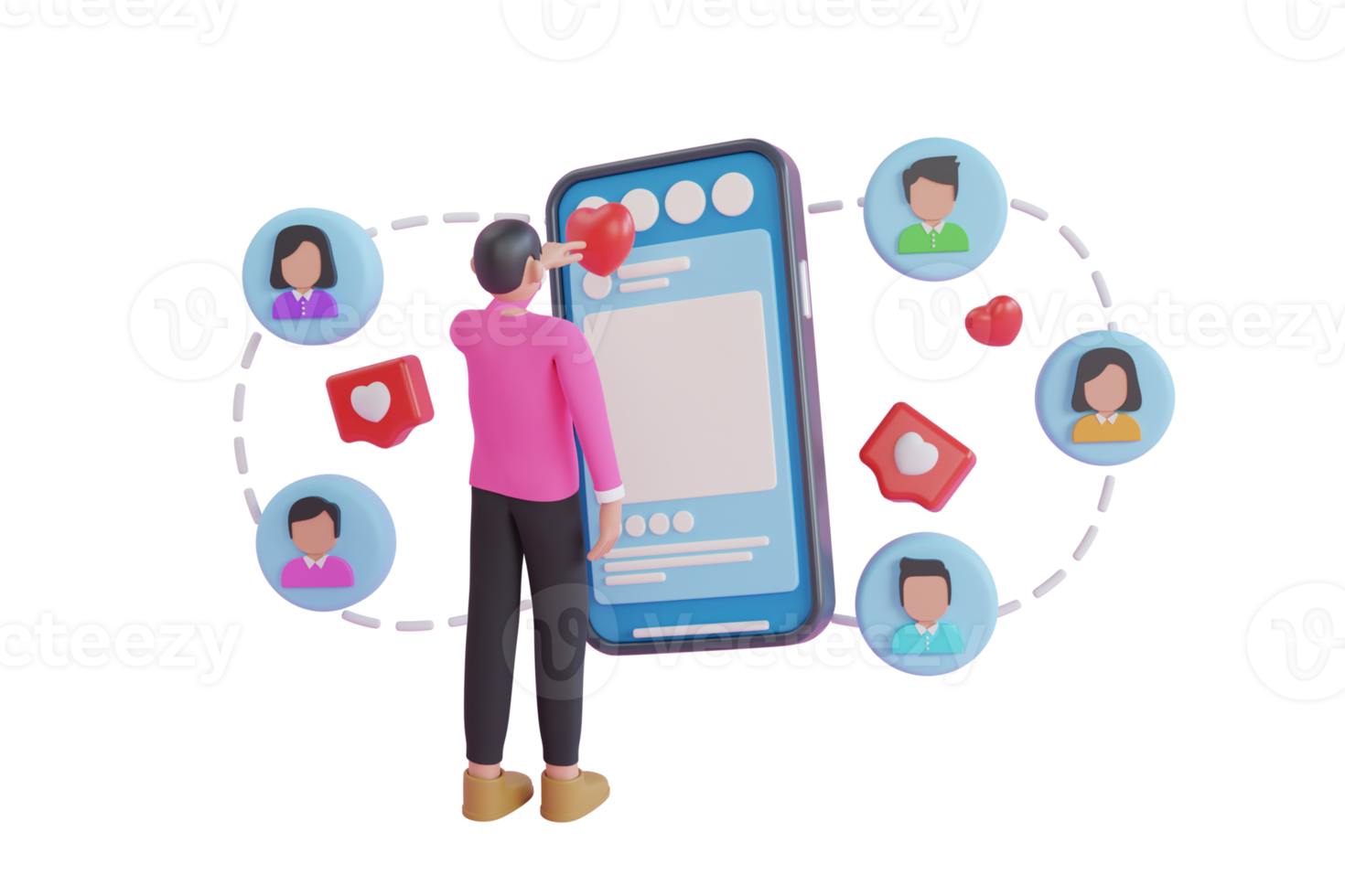 3D social media network illustration. people face like. Online marketing technology, follower reaction. Influencer, post, story and avatar. Influencer posting personal. 3d rendering png