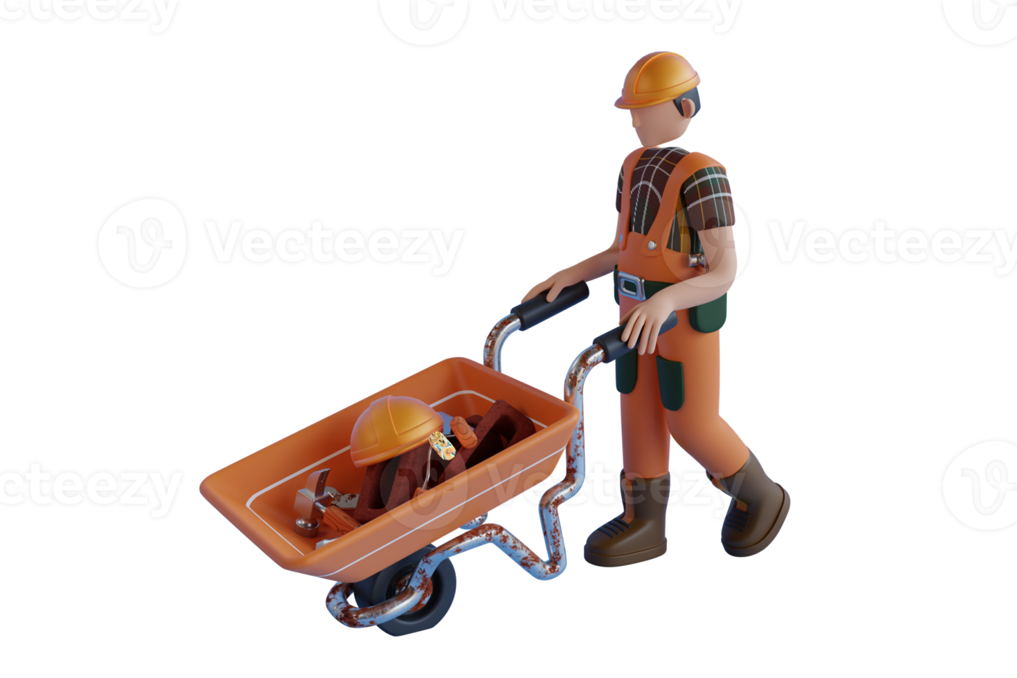 Construction worker with a wheelbarrow full of tools. 3d man pushing cart with tools.3d illustration png